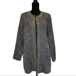 Chicos Jeweled Neckline Tweed Blazer Jacket Pockets Tunic Length